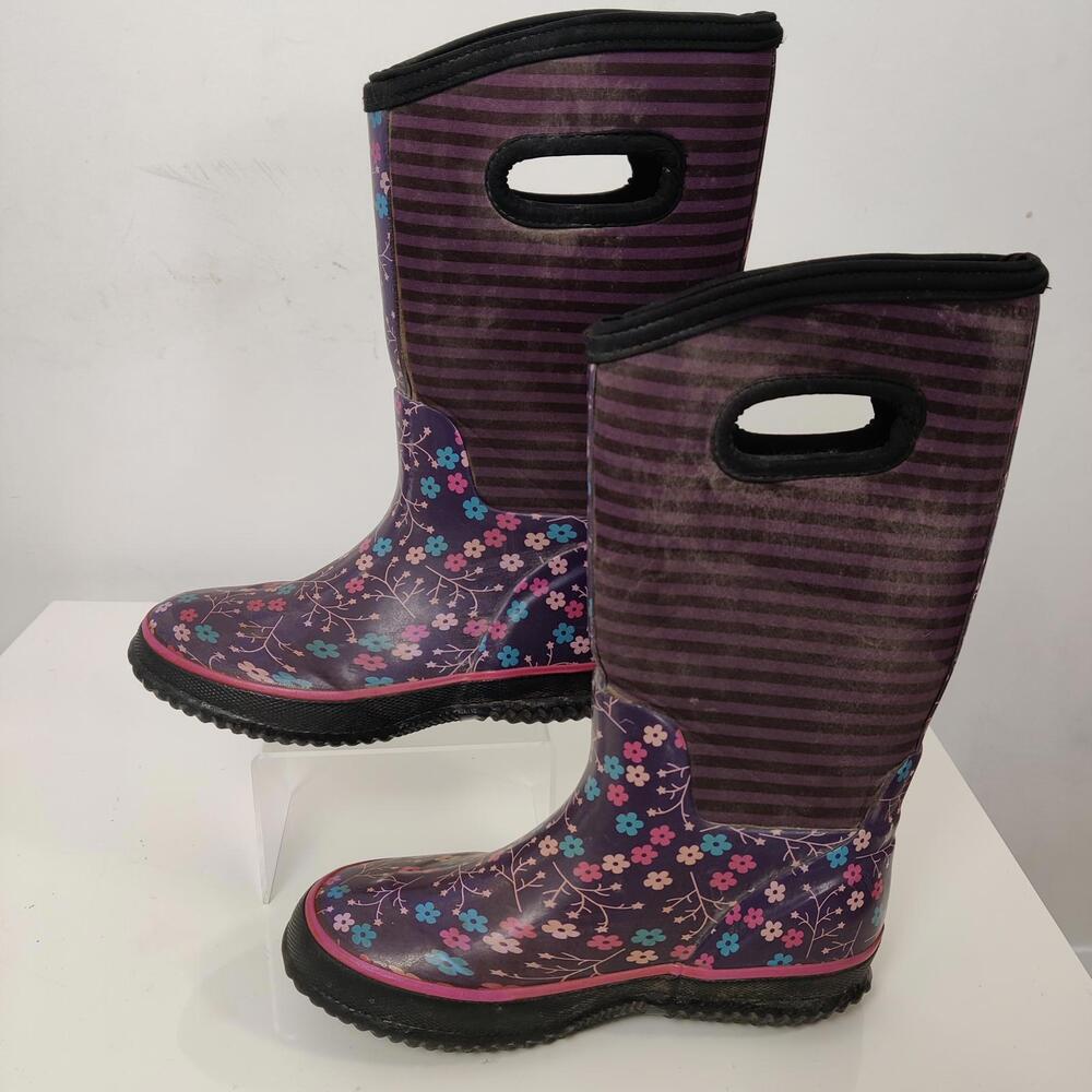 Kids Floral Rain Boots Purple Stripe Waterproof Boots